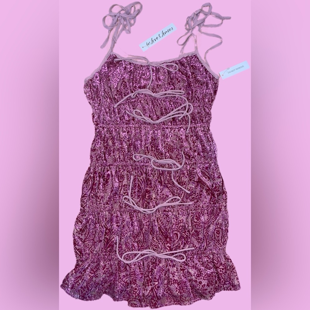 🆕#267~For Love And Lemons Pink and Purple Smocked Tie Front Mini Dress